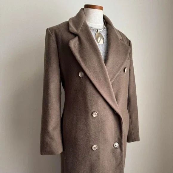 Vintage 90s 100% Wool Over Coat Taupe Tane - Picture 7 of 8